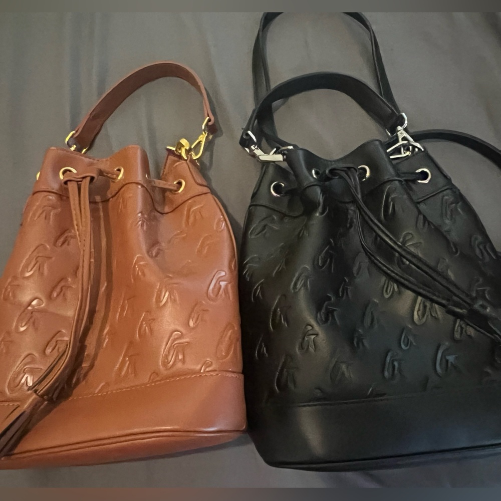 Tan and Black Glamaholic Lifestyle Medium Embossed Drawstring Bucket Bag